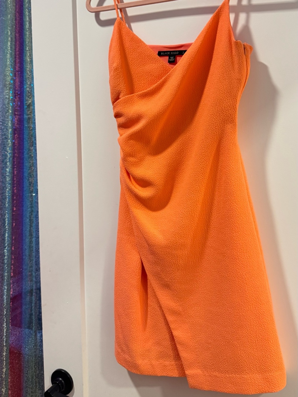 Black Halo Bright Orange Draped Slip Midi Dress